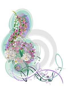 Abstract treble clef decorated with summer and spring flowers, palm leaves, notes, birds.